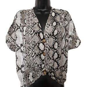 Snake Print Button Front Top in Black, White & Taupe